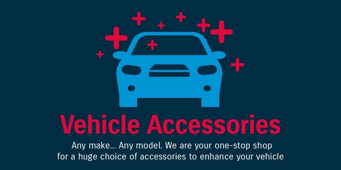 Vehicle accessories promotional banner featuring a stylised blue car icon with plus symbols, advertising a one-stop shop for automotive enhancements.