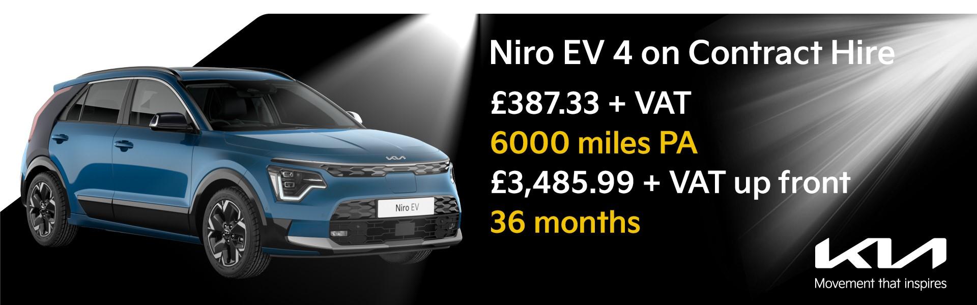 Niro EV 4 on Contract Hire: £387.33 + VAT, 6000 miles PA, £3,485.99 + VAT up front, 36 months