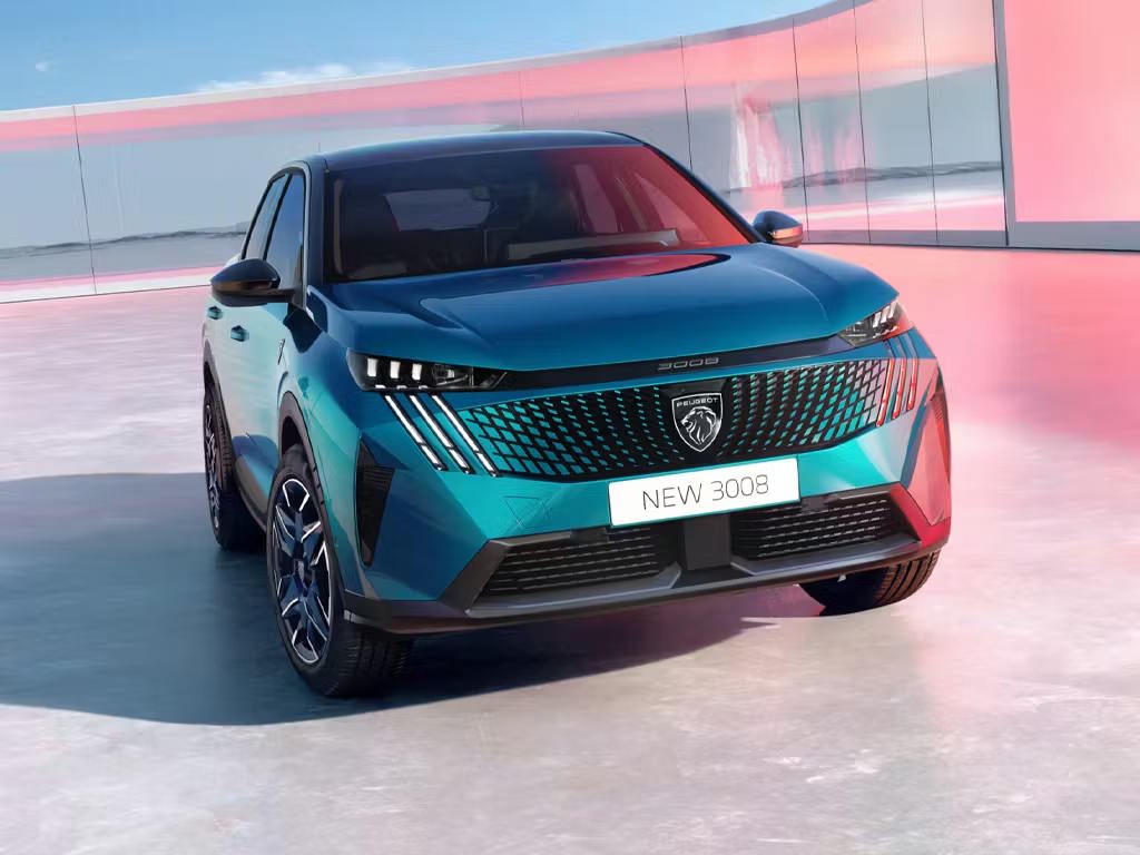 Peugeot 3008 SUV in a front three-quarter view, highlighting its sculpted bodywork, distinctive grille pattern and striking LED daytime running lights.