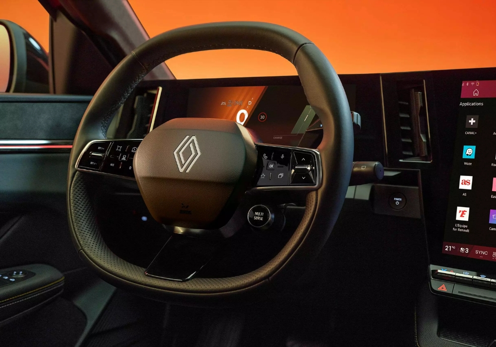 Close up of Renault MEGANE E TECH ELECTRIC Steering Wheel.