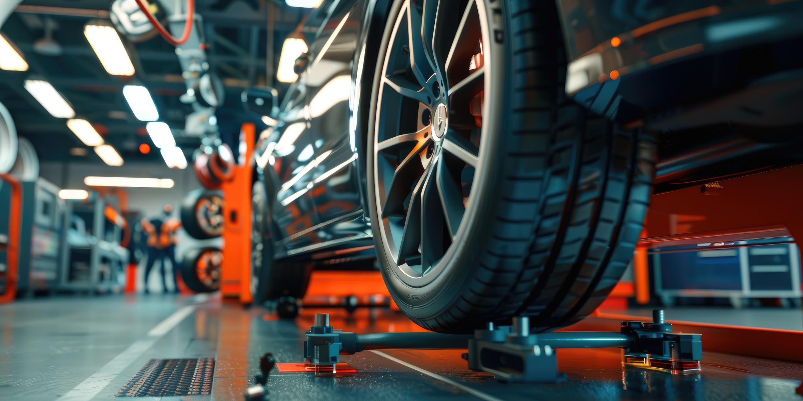 Stock photo of a car lifted at the rear wheel area for servicing.