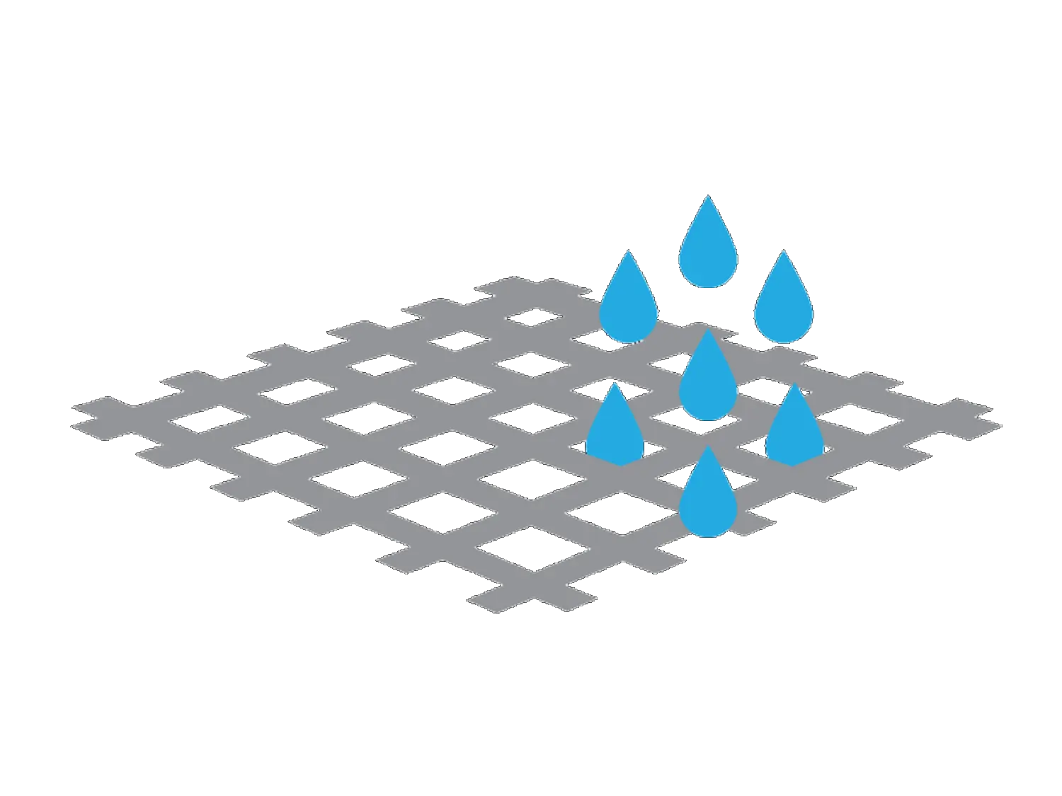 Illustration of liquid passing through untreated fabric mesh, showing lack of protection.