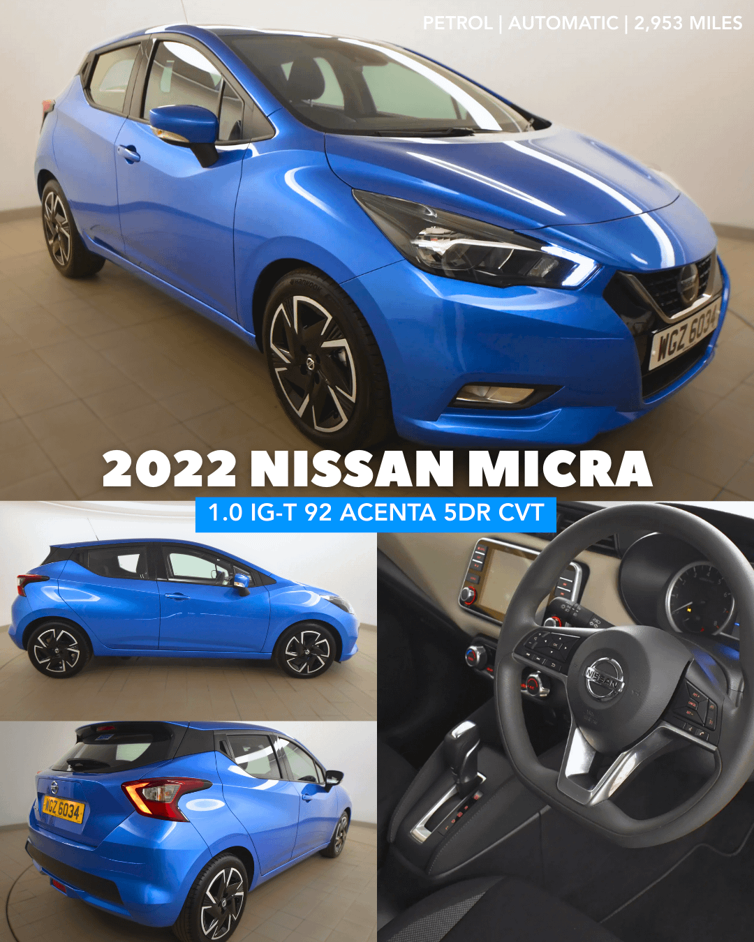 blue 2022 nissan micra pictured from the front, side, and rear, includes picture of steering wheel