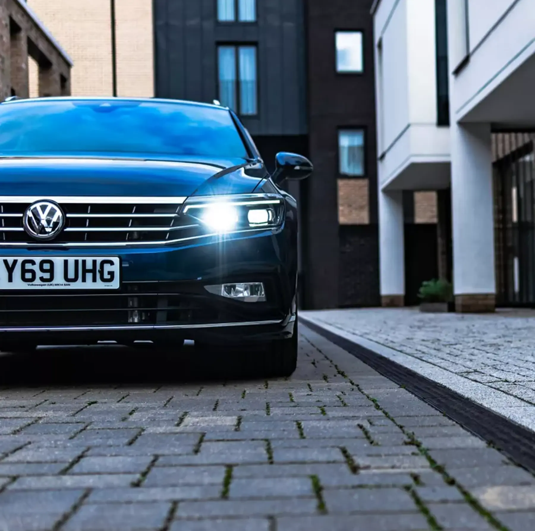 VW Passat blue front on