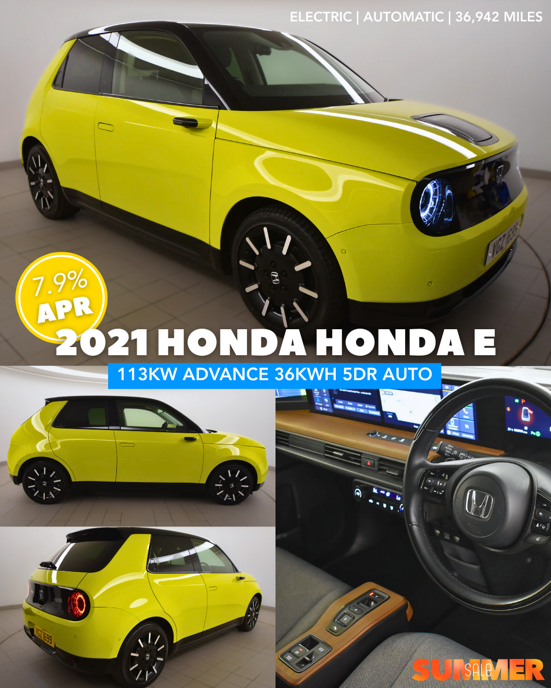 Yellow 2021 honda E pictured from side front and rear and interior steering wheel
