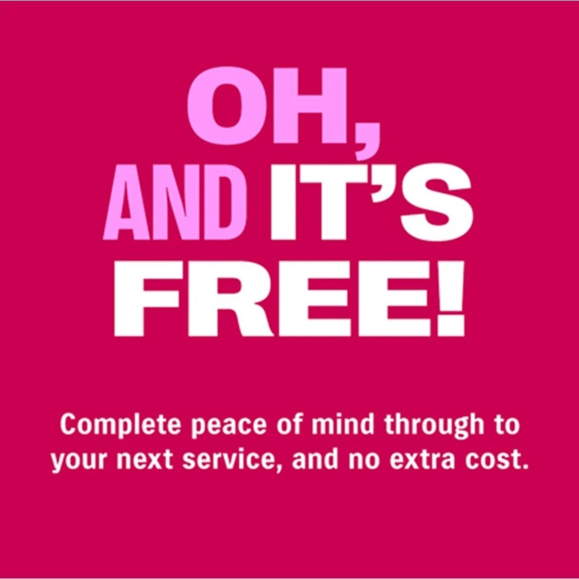 Promotional banner highlighting complimentary vehicle service offering, featuring bold typography against a vibrant magenta background with peace of mind messaging