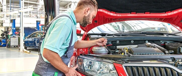 Mechanic Inspecting SKODA Engine