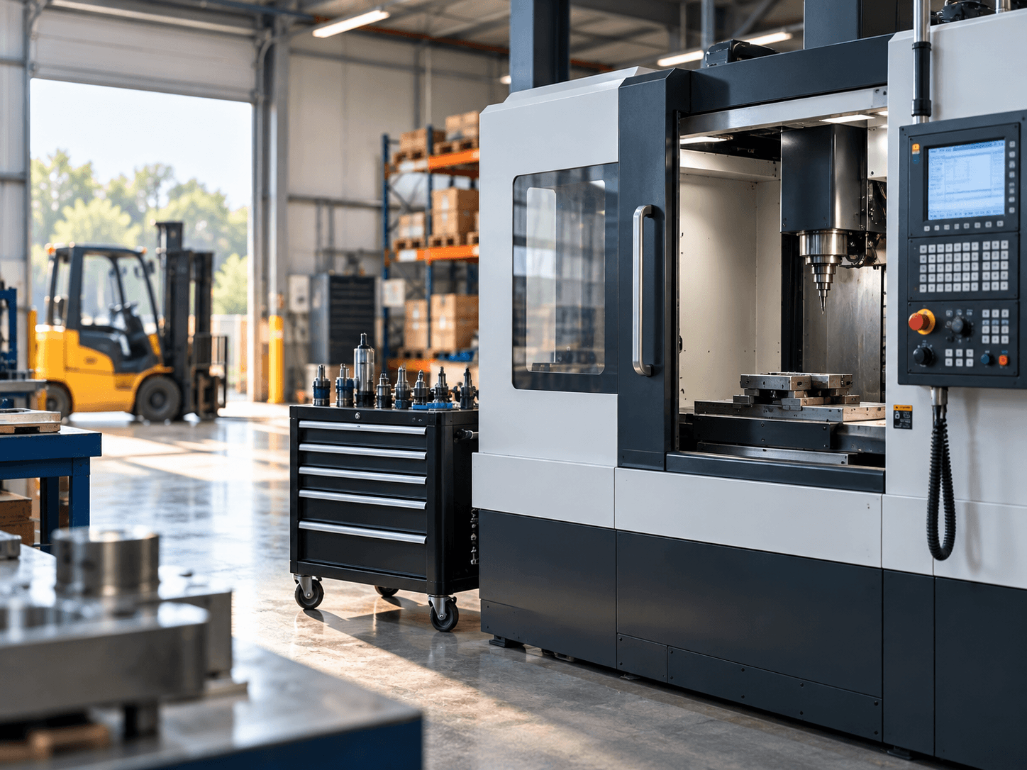 Modern CNC Workshop with Forklift Background