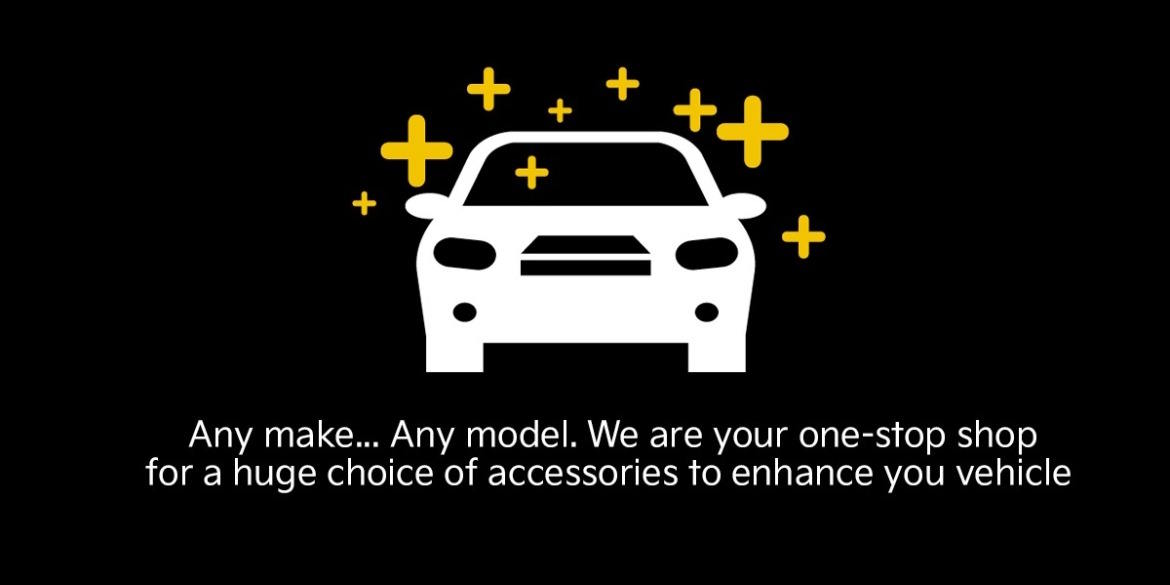 Vehicle accessories promotion showcasing products available for any make and model.