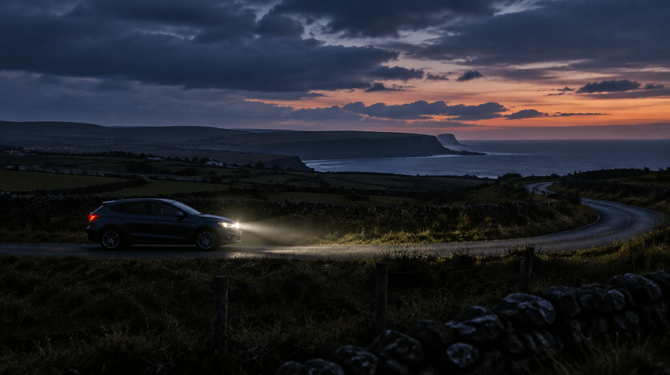 A car traveling on an unlit winding country road at dusk