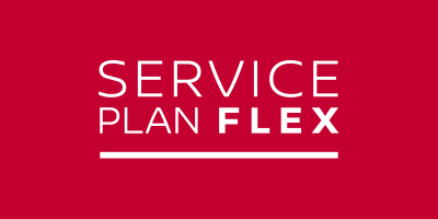 A red background with the text "Service Plan Flex" to promote a Nissan service plan