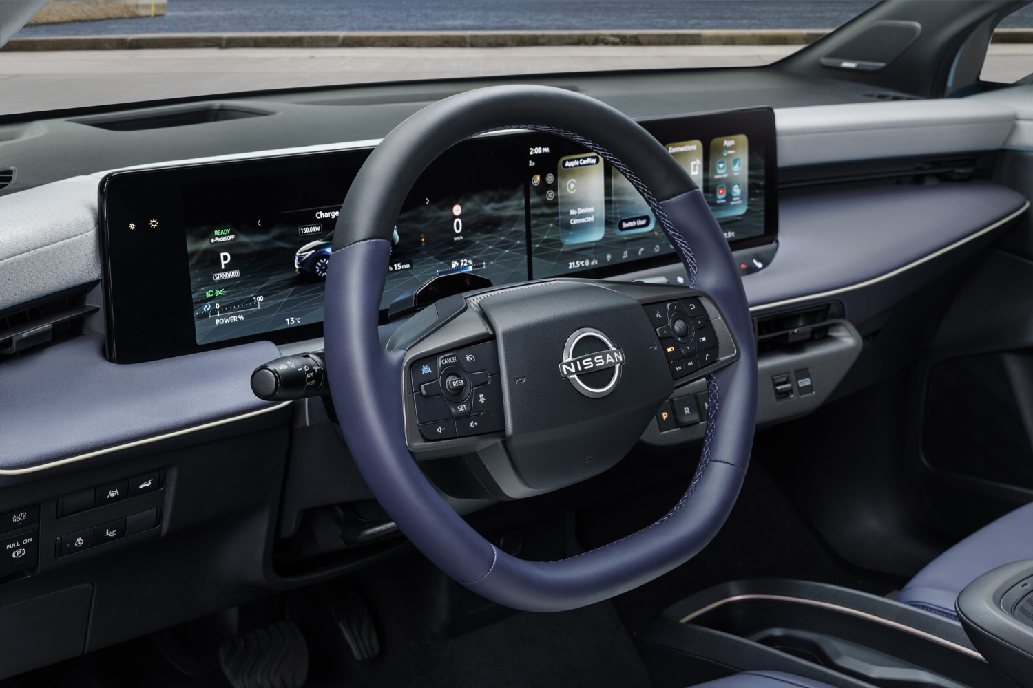 Nissan LEAF interior shot of steering wheel
