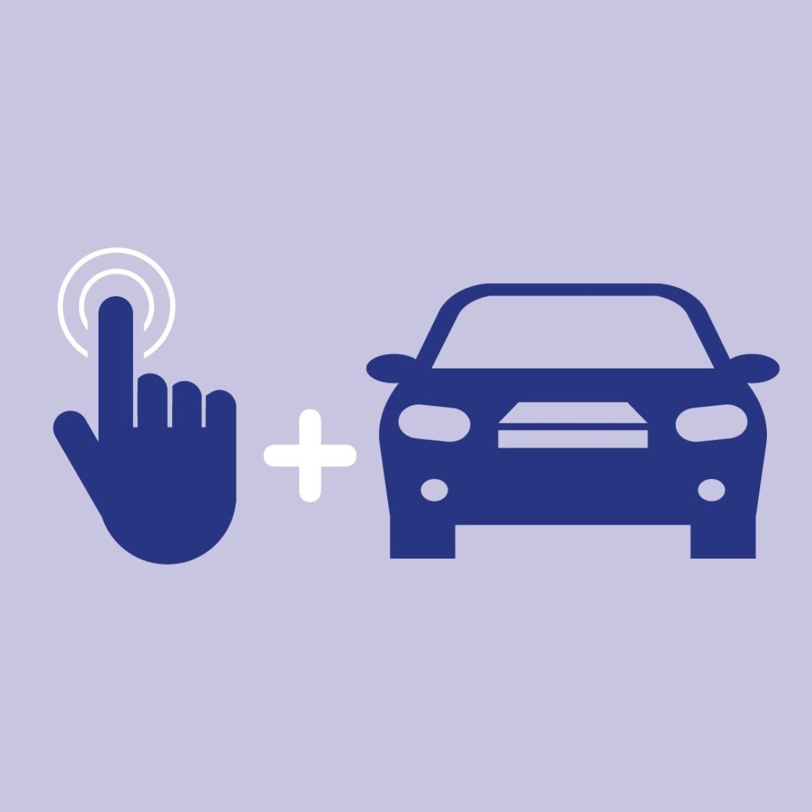 Graphic icon illustrating online car booking or click-to-buy service, featuring a pointing hand cursor alongside a simplified front-view car silhouette on a lilac background.