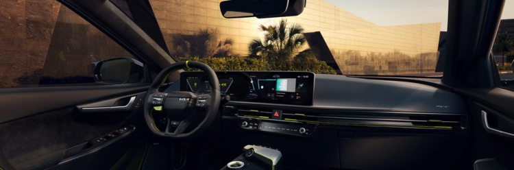 Kia EV6 GT Interior featuring the steering wheel, display screen, dashboard, and centre console.