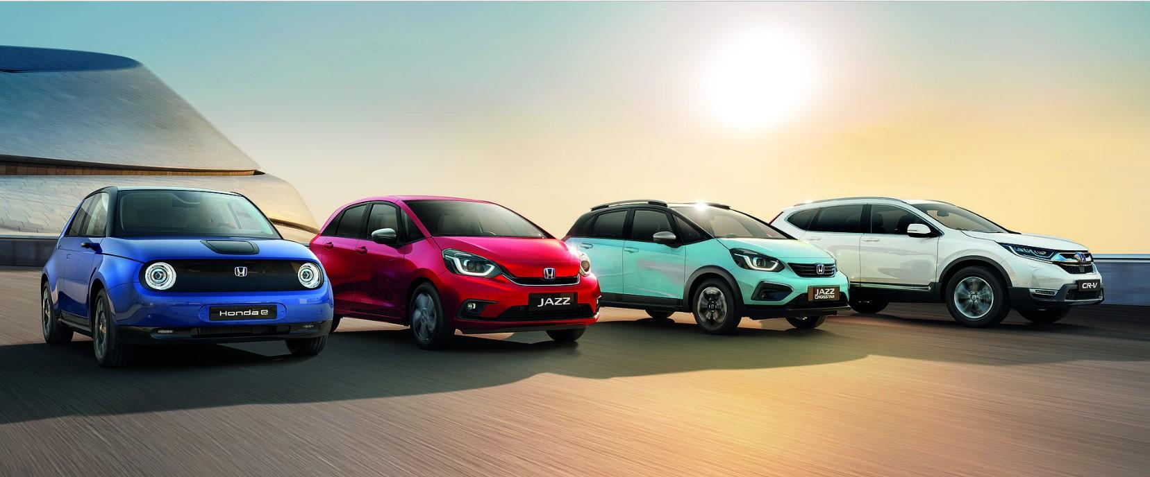 Blue Honda e, Red Honda Jazz, Light Blue Honda Jazz Crosstar, White Honda CR-V
