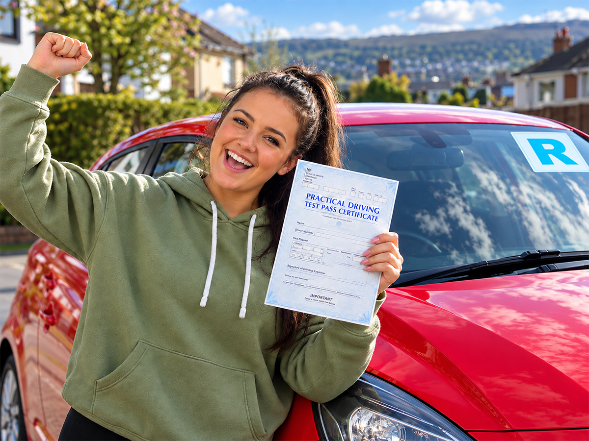 Female celebrating passing her driving test with a red car behind displaying blue 'R' plates