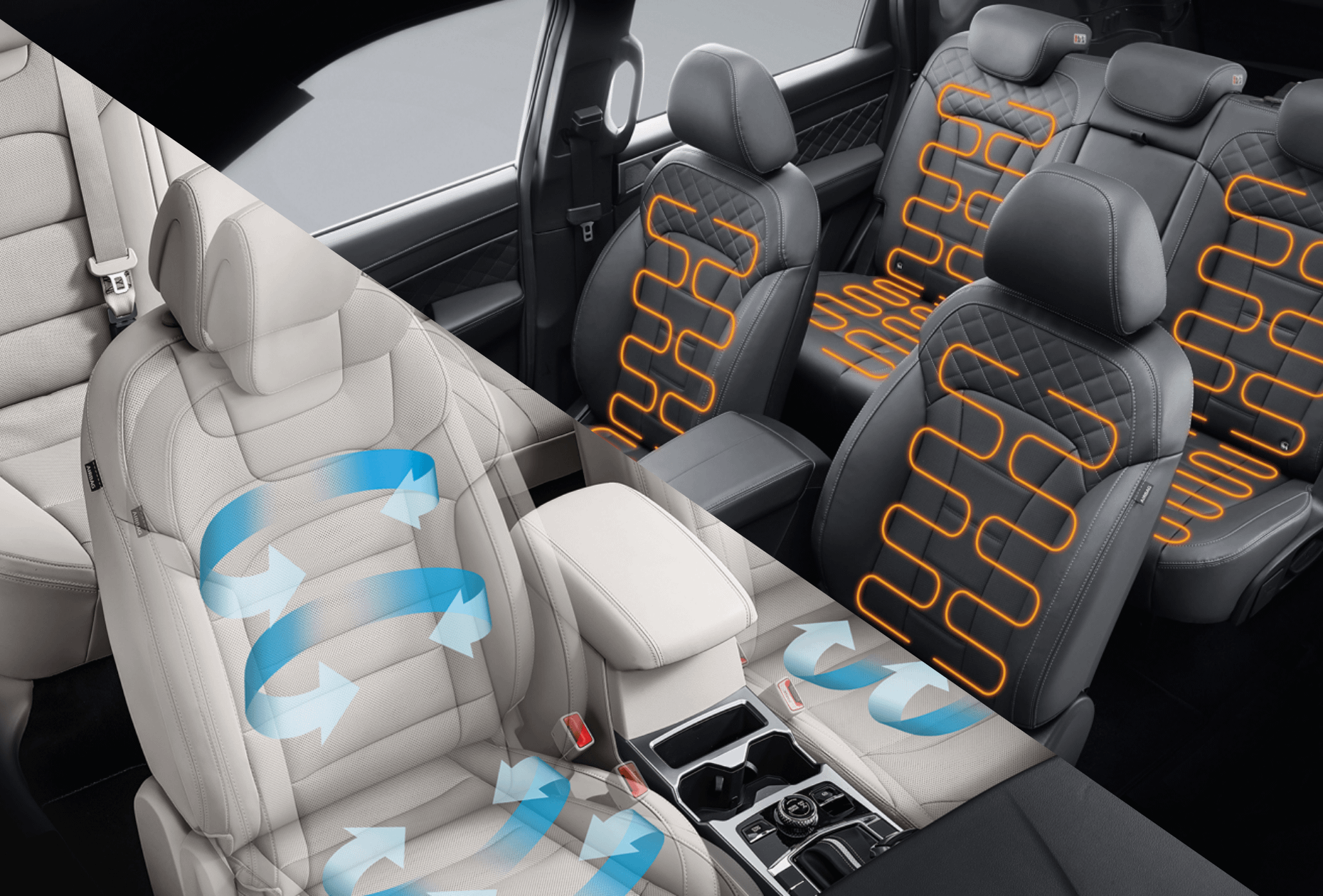 Heated and Ventilated Seats. Ventilated seats are cream leather and heated seats are black