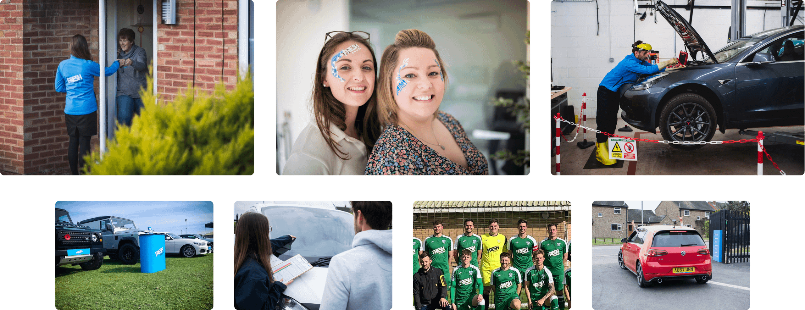 Collage of employees and cars 