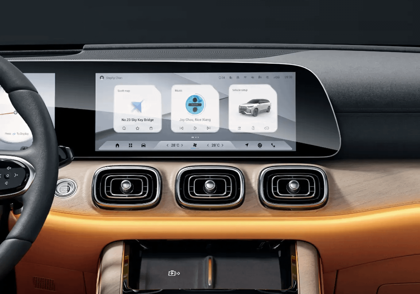 Close-up of the Jaecoo J8 dashboard featuring a wide digital infotainment screen and central air vents.