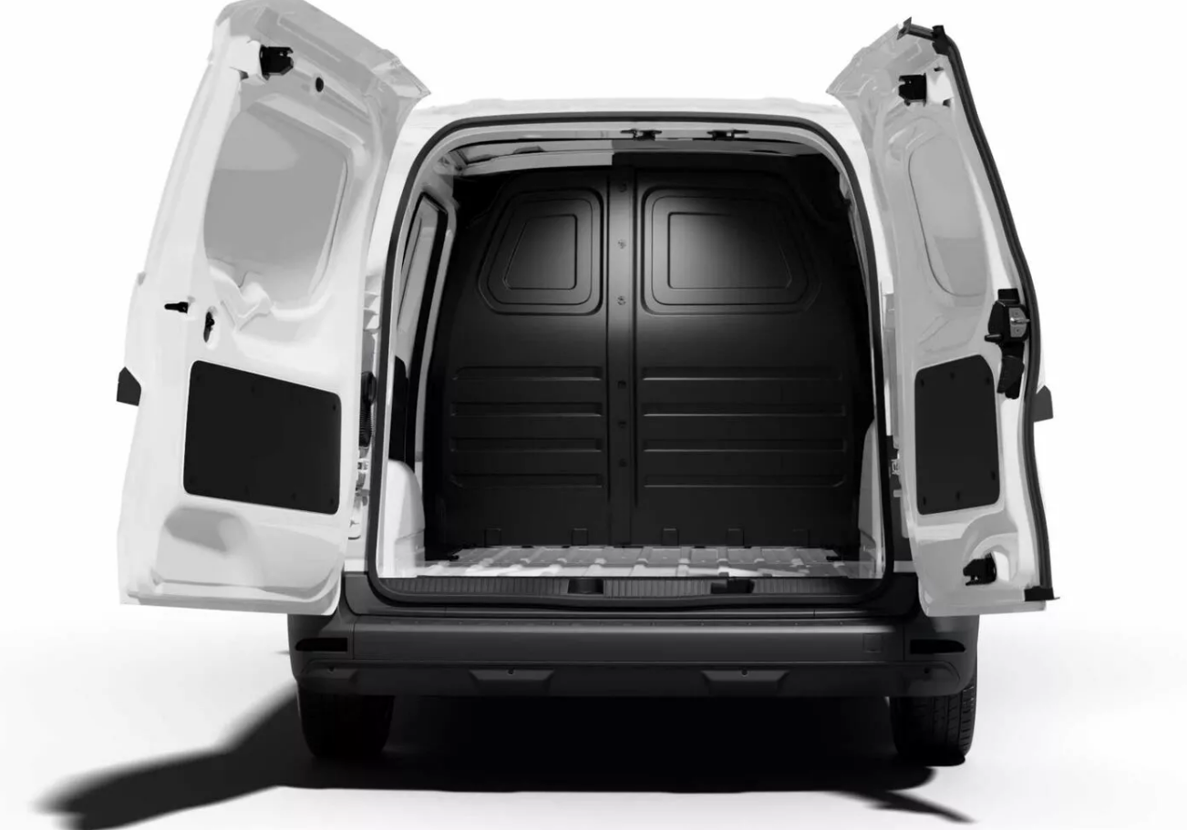 Rear view of a white Renault Kangoo van with both back doors wide open, showing the empty black ply-lined interior cargo area.