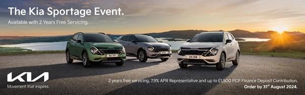 from 7.9% APR, up to £1500 deposit contribution & Two free services when ordering any Sportage before the 31st August 2024.