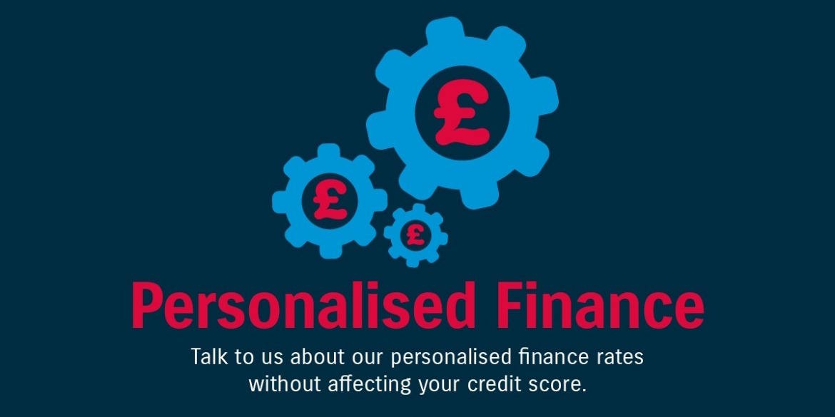 Personalised finance graphic featuring interconnected blue cogs with pound sterling symbols, promoting tailored car finance rates without credit score impact.