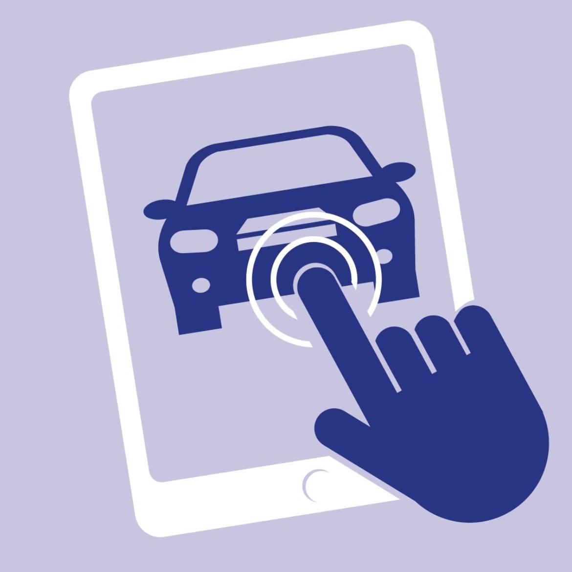 Stylised illustration of a hand tapping a tablet screen displaying a car icon, representing online vehicle browsing and digital dealership services.