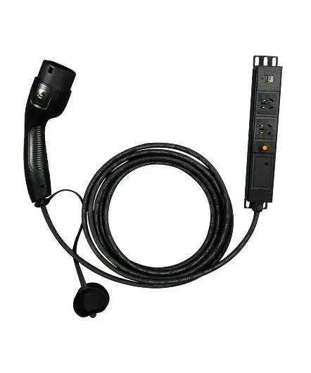 Electric vehicle charging cable with integrated control box and plug, suitable for home or portable charging.