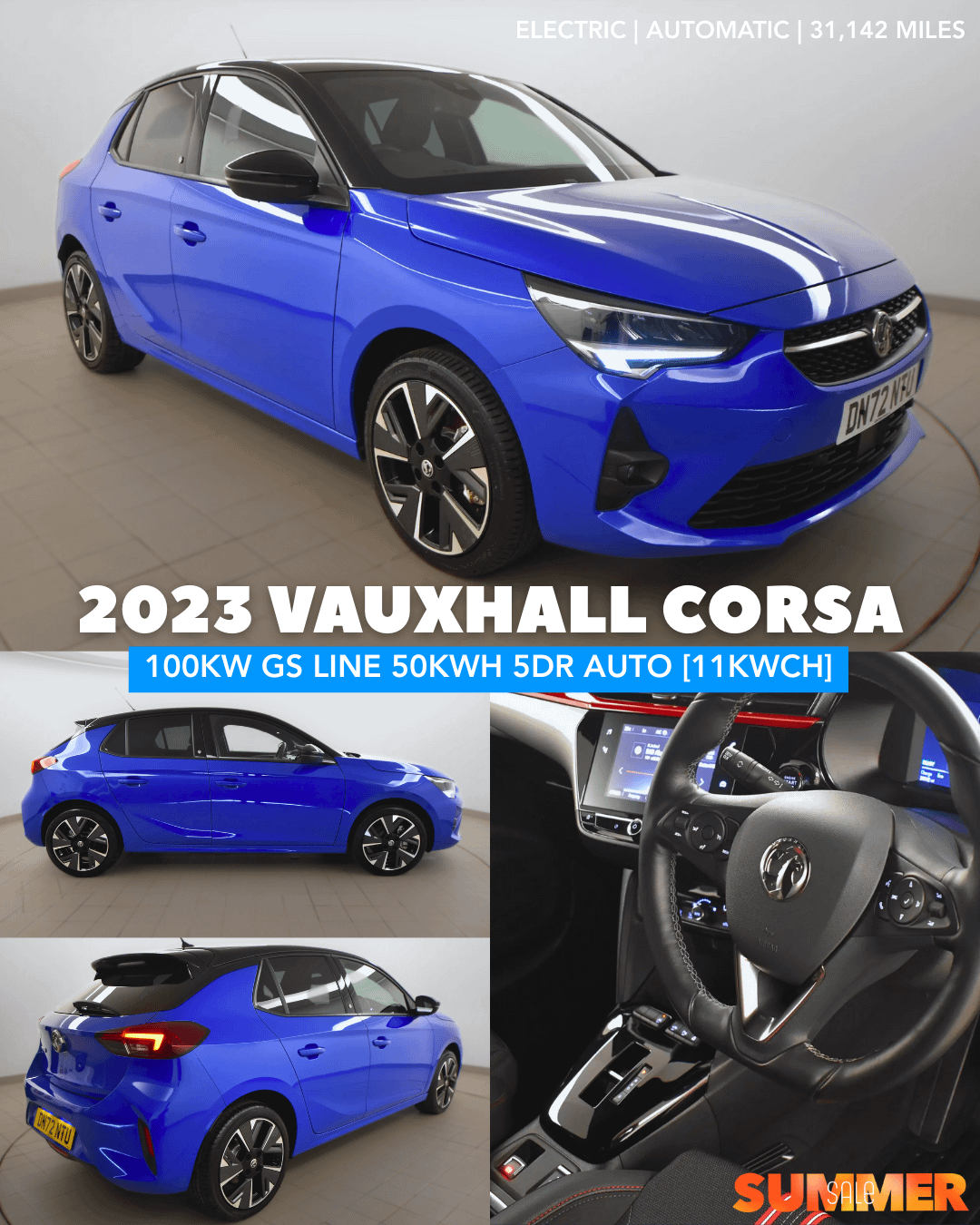 blue 2023 vauxhall corsa pictured from side front and back and interior steering wheel
