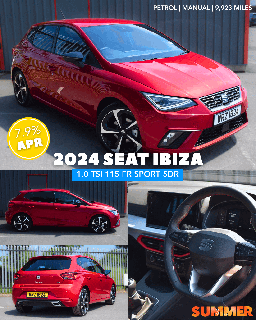 red 2024 seat ibiza pictured from the side, front, and rear, and incudes a picture of SEAT interior steering wheel