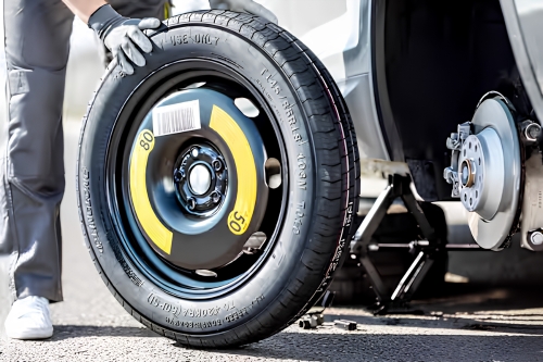 Space saver spare wheel fitted during a roadside tyre replacement.