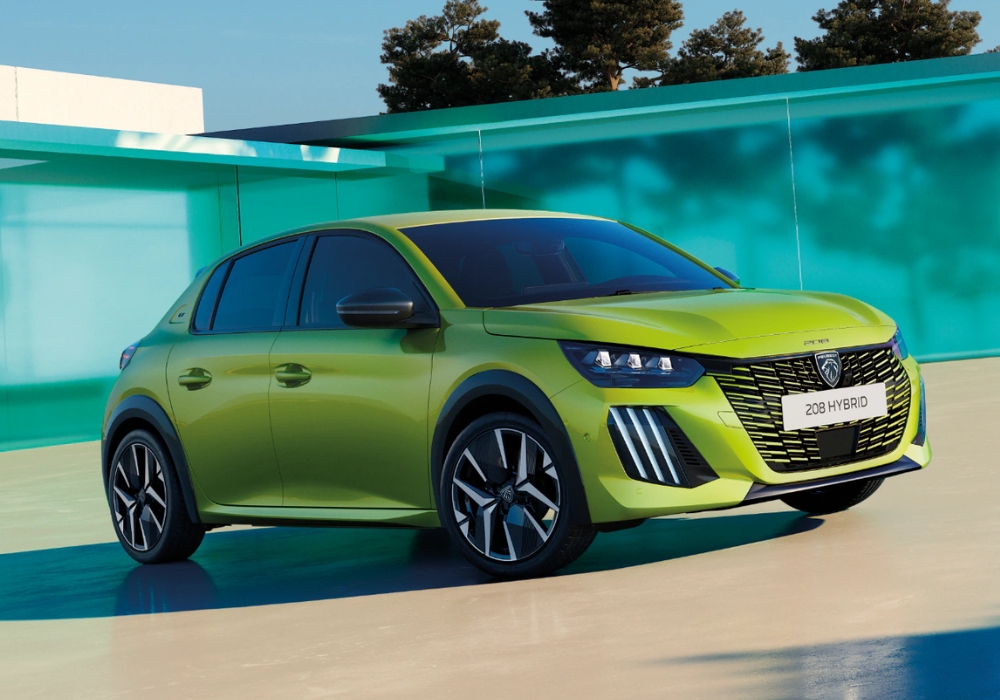 Peugeot 208 Hybrid hatchback in lime green shown in front three-quarter view in a modern setting.