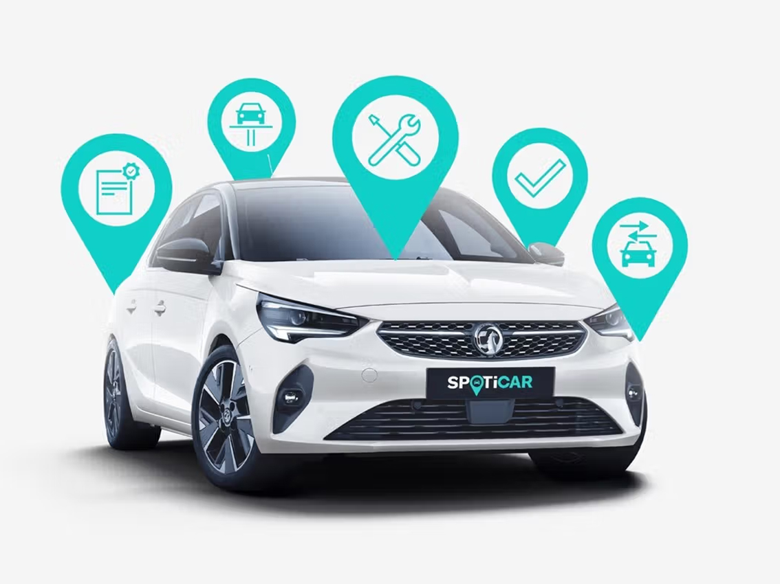 White Vauxhall Corsa in front three-quarter view with SPOTICAR branding, surrounded by icons representing vehicle checks, servicing, warranty and quality assurance