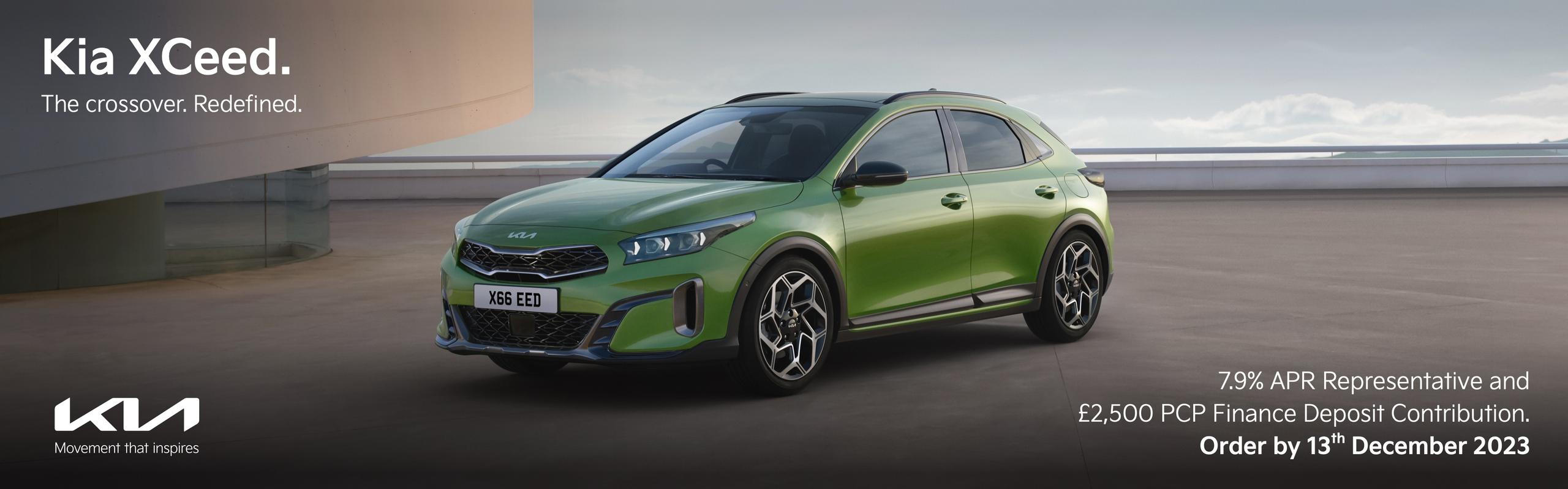 Kia XCeed. The crossover. Redefined. 7.9% APR Representative and £2,500 PCP Finance Deposit Contribution. Order by 13th December 2023.