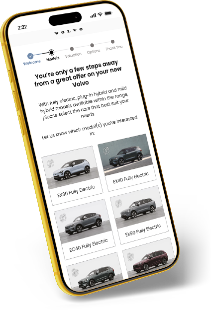 Volvo customer engagement platform displayed on a smartphone with personalised vehicle recommendations.
