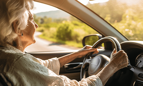Older woman driving car with hands on steering wheel 
