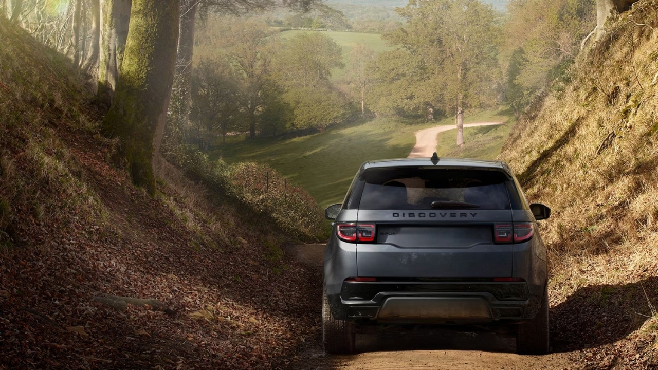 Rear view of a Land Rover Discovery Sport driving along a woodland dirt track. 