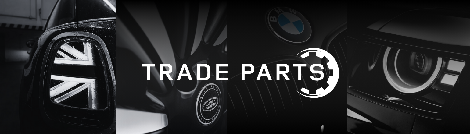 Trade Parts banner with Mini taillight, BMW badge and headlight close-up.