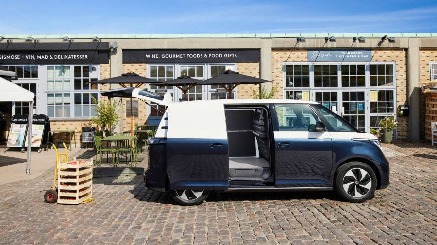 Blue and White Volkswagen ID. Buzz Cargo side view