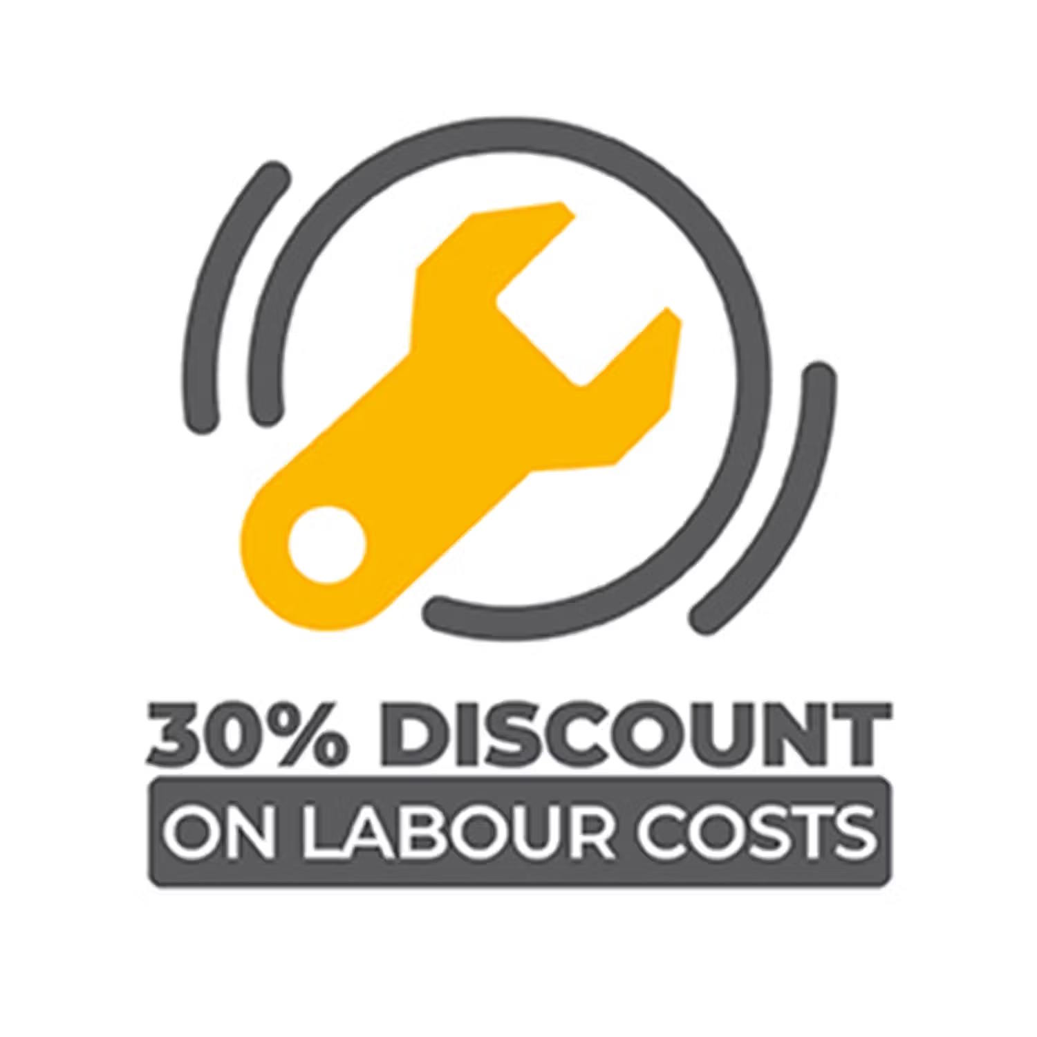 icon of a spanner with text for 30% discount on labour costs
