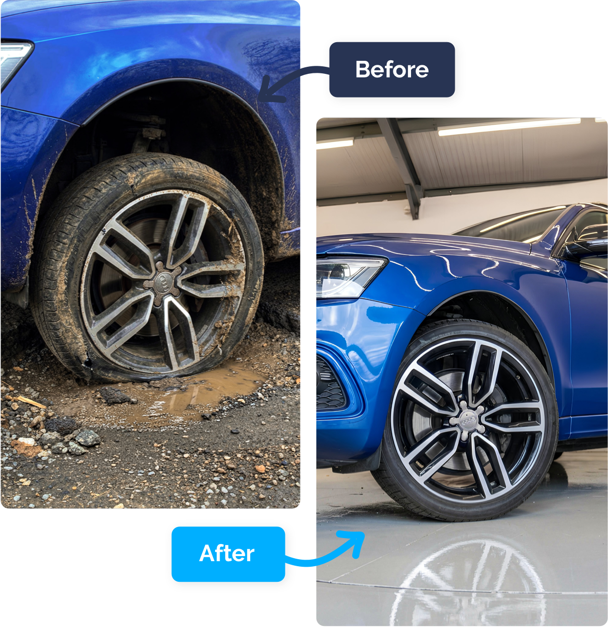Tyre repair before and after comparison