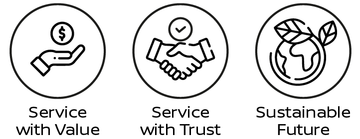 Three icons representing Nissan service values: cost efficiency, trust through handshake, and environmental sustainability.