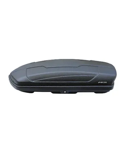 Aerodynamic roof cargo box in black finish, designed for extra storage space on top of a vehicle.
