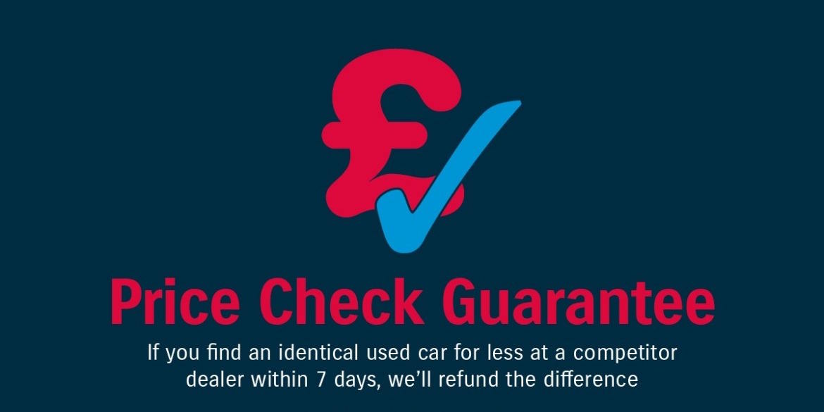 Price Check Guarantee promotional banner featuring a red pound sterling symbol with blue tick, offering price matching within seven days of purchase