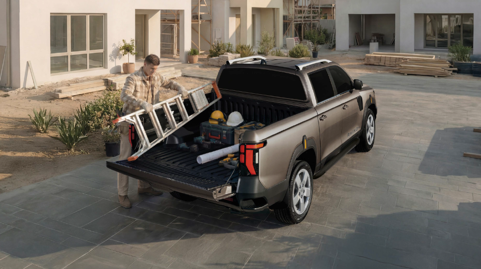 Man putting a ladder into the load bed of the KGM Musso Rhino double-cab pickup