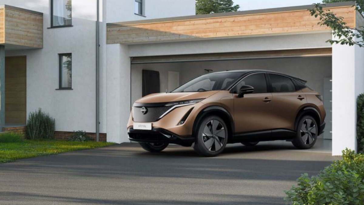 New Nissan Ariya parked in a UK garage