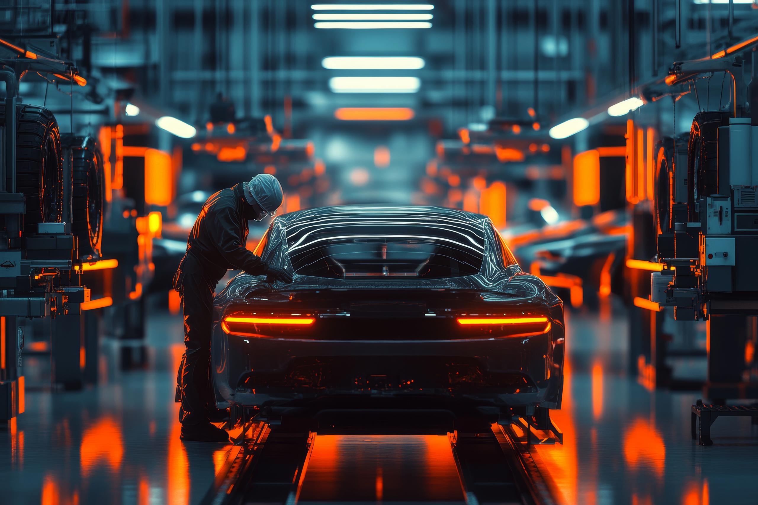 Stock image of a mechanic servicing a sports car.