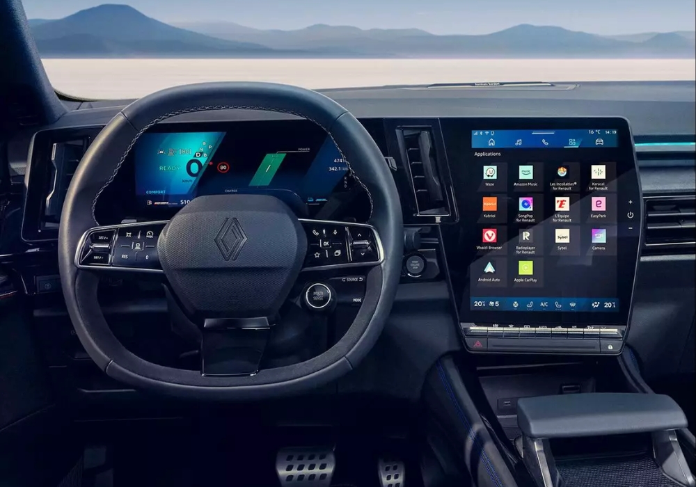 Steering wheel and display screen view of Renault Rafale highlighting digital driver display and infotainment system.