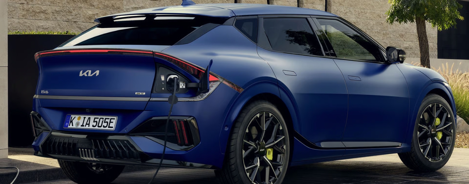 Close-up view of a blue Kia EV6 GT Charging.