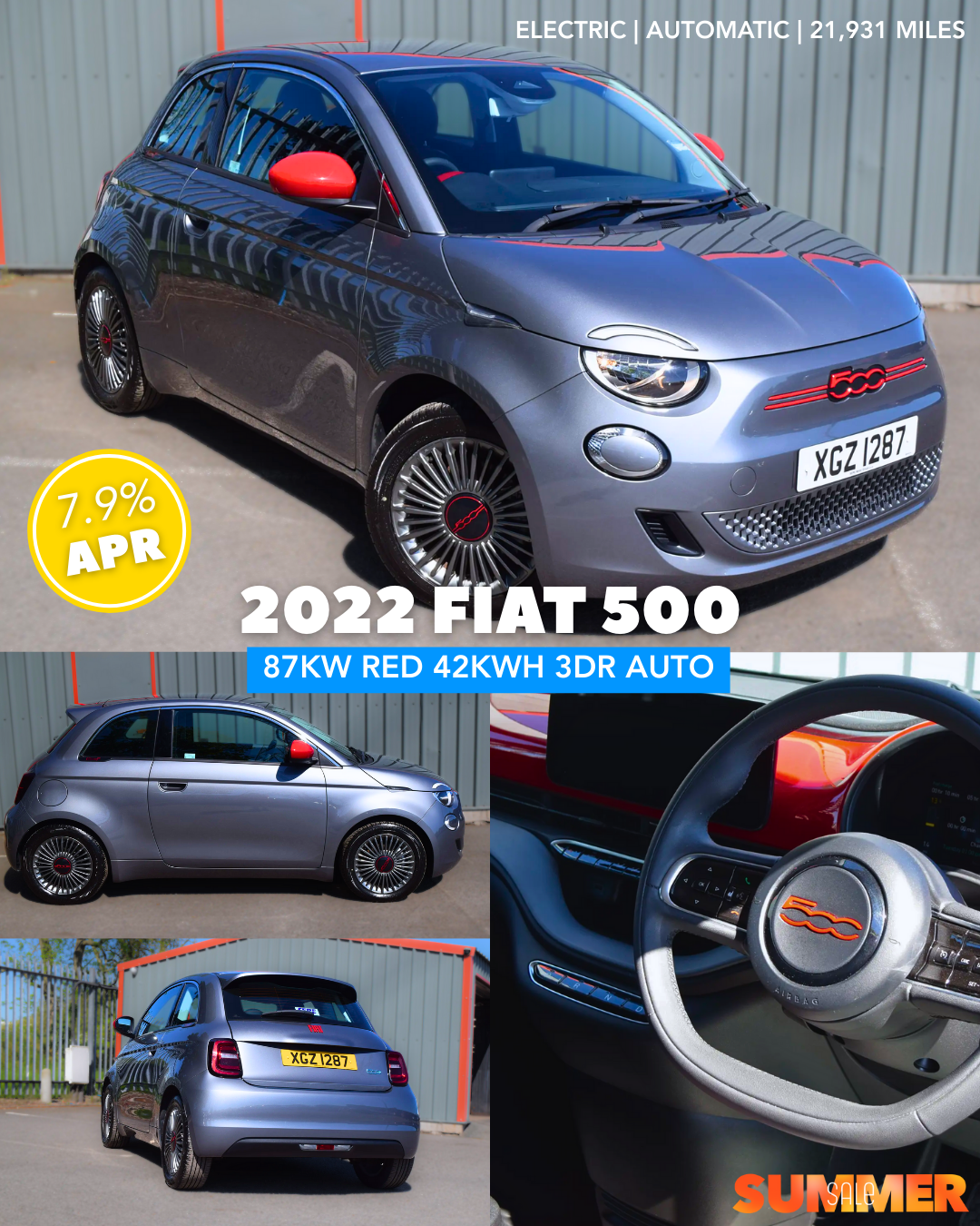 grey with red 2022 electric fiat 500 pictured from side front and rear, includes picture of steering wheel